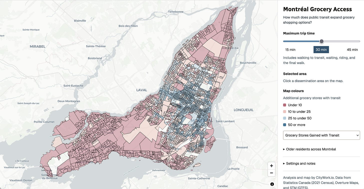 Additional food shops reachable with transit across Montréal